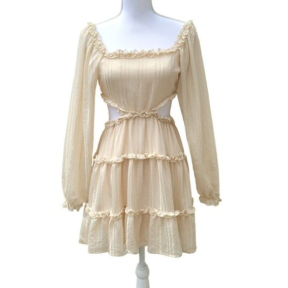 HYFVE Cottagecore Boho Peasant Dress Medium Beige Ruffle Long Sleeve Mini Dress - Picture 2 of 10